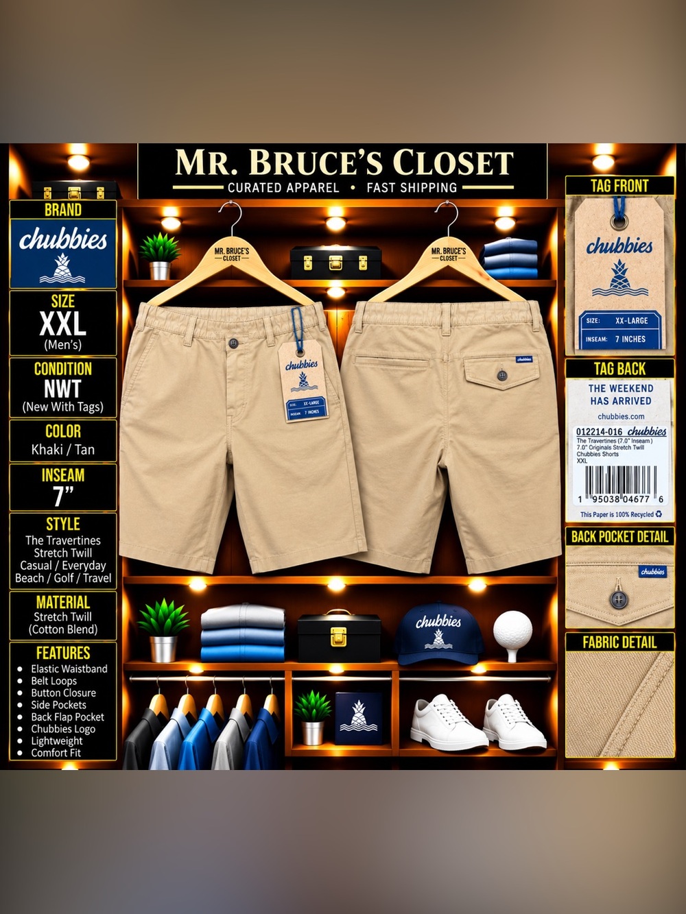 chubbies Men's Khaki/Tan Flat-Front Stretch Twill Shorts